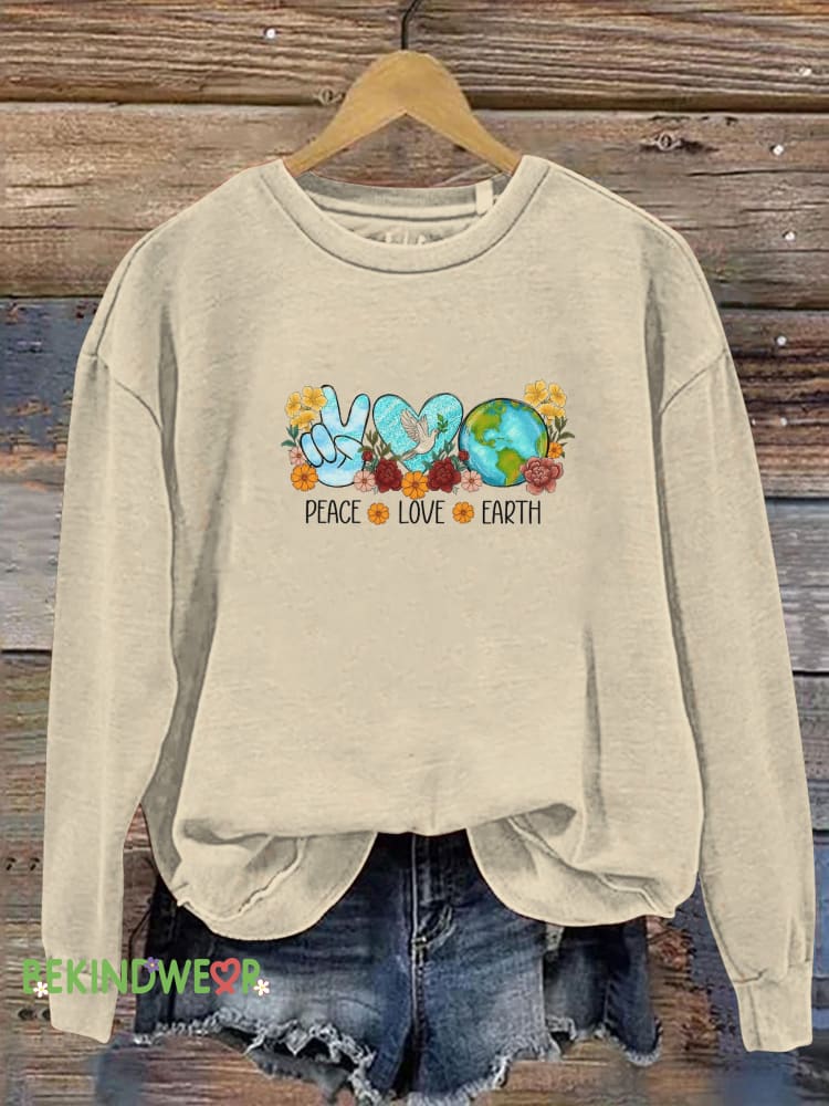 Peace Love Earth Printed Casual Sweatshirt Beige / S