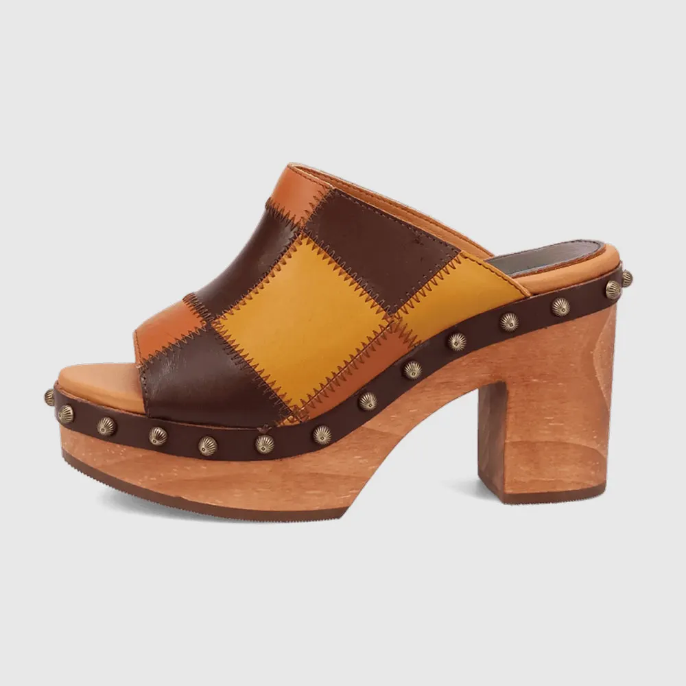 Multicolor Round Toe Stitching Studded Platform Color Block Mules