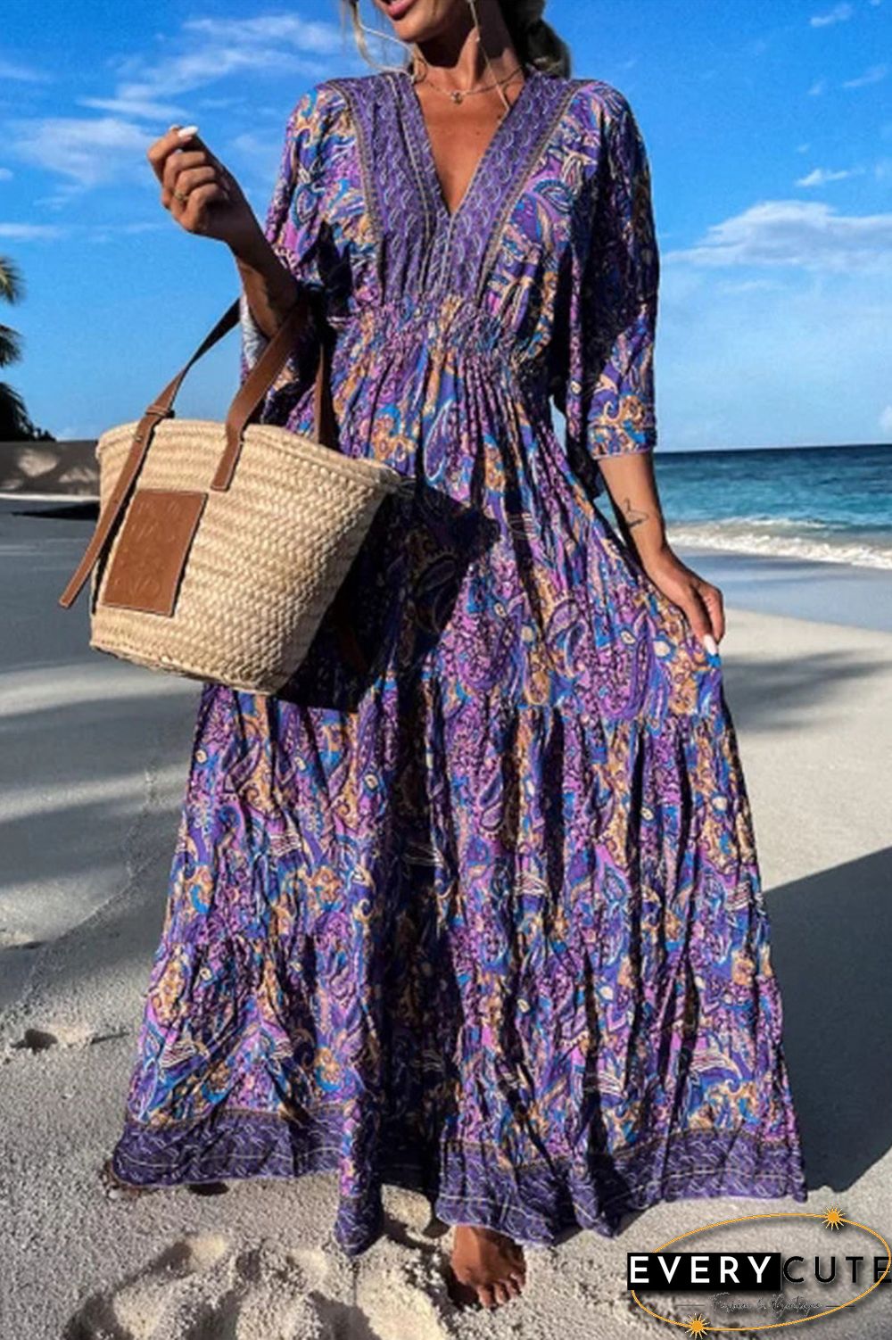 Fashion Print Printing V Neck Beach Dresses(3 Colors)
