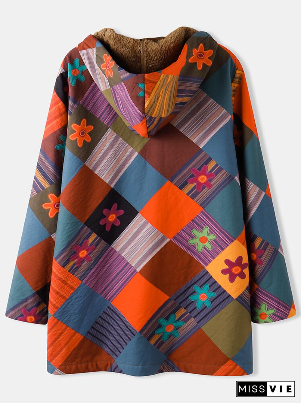 Vintage Plaid Floral Print Zipper Pocket Long Sleeve Casual Coat for Women
