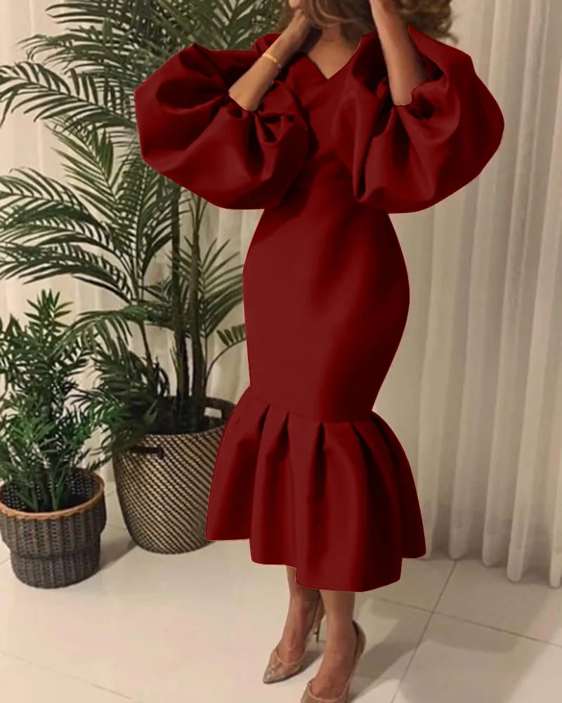 Brownm Commute Plus Size Women's Fashion Solid Color V-neck Bubble Long Sleeve Fishtail Dress