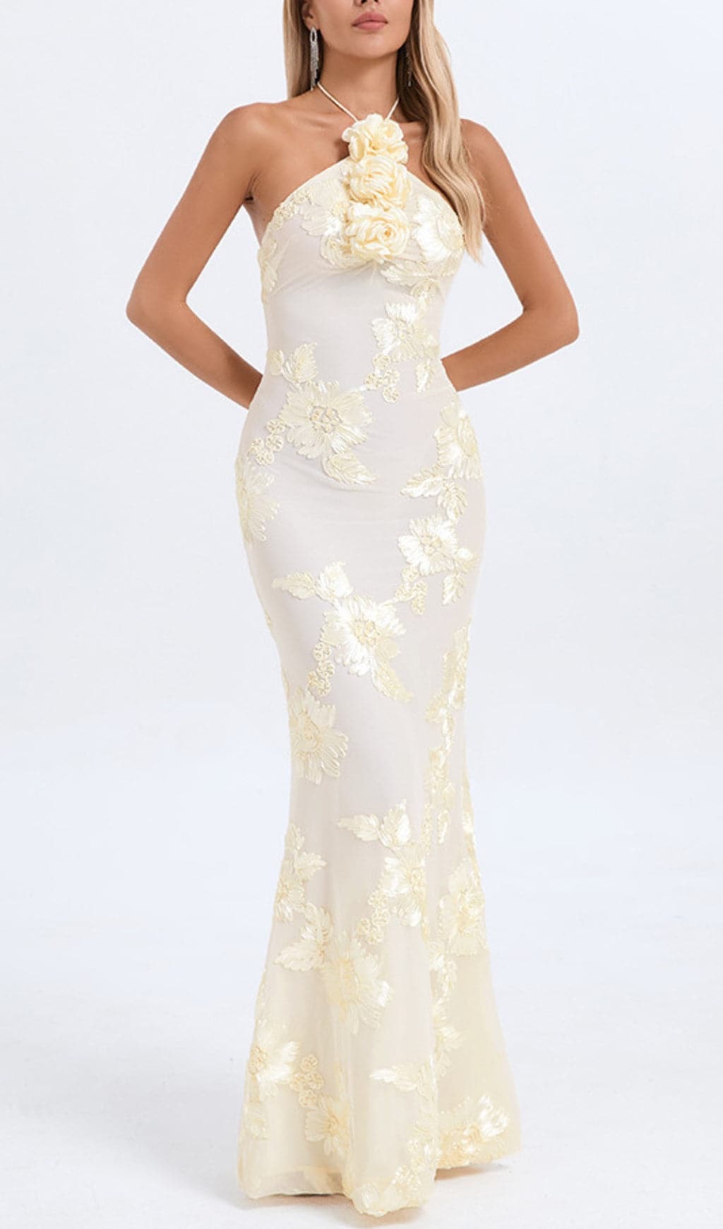 Bambi Ivory Halter Flower Maxi Dress Flowering Girl