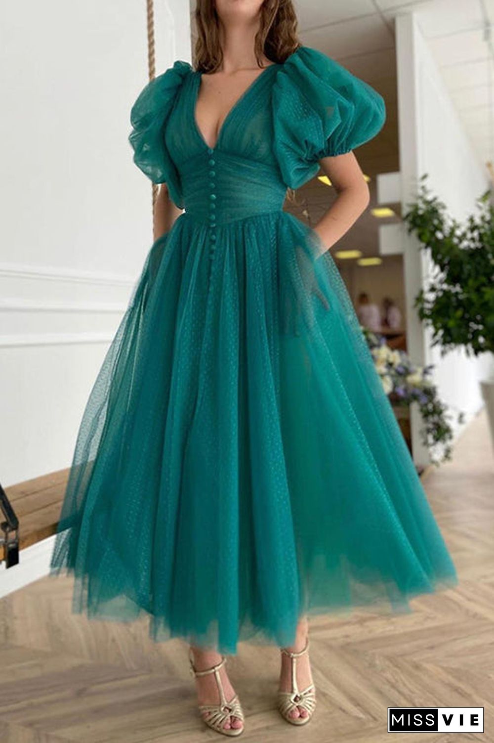 Dot V Neck Button Empire Waist Mesh Maxi Dress