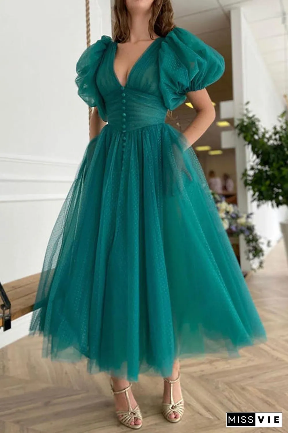 Dot V Neck Button Empire Waist Mesh Maxi Dress