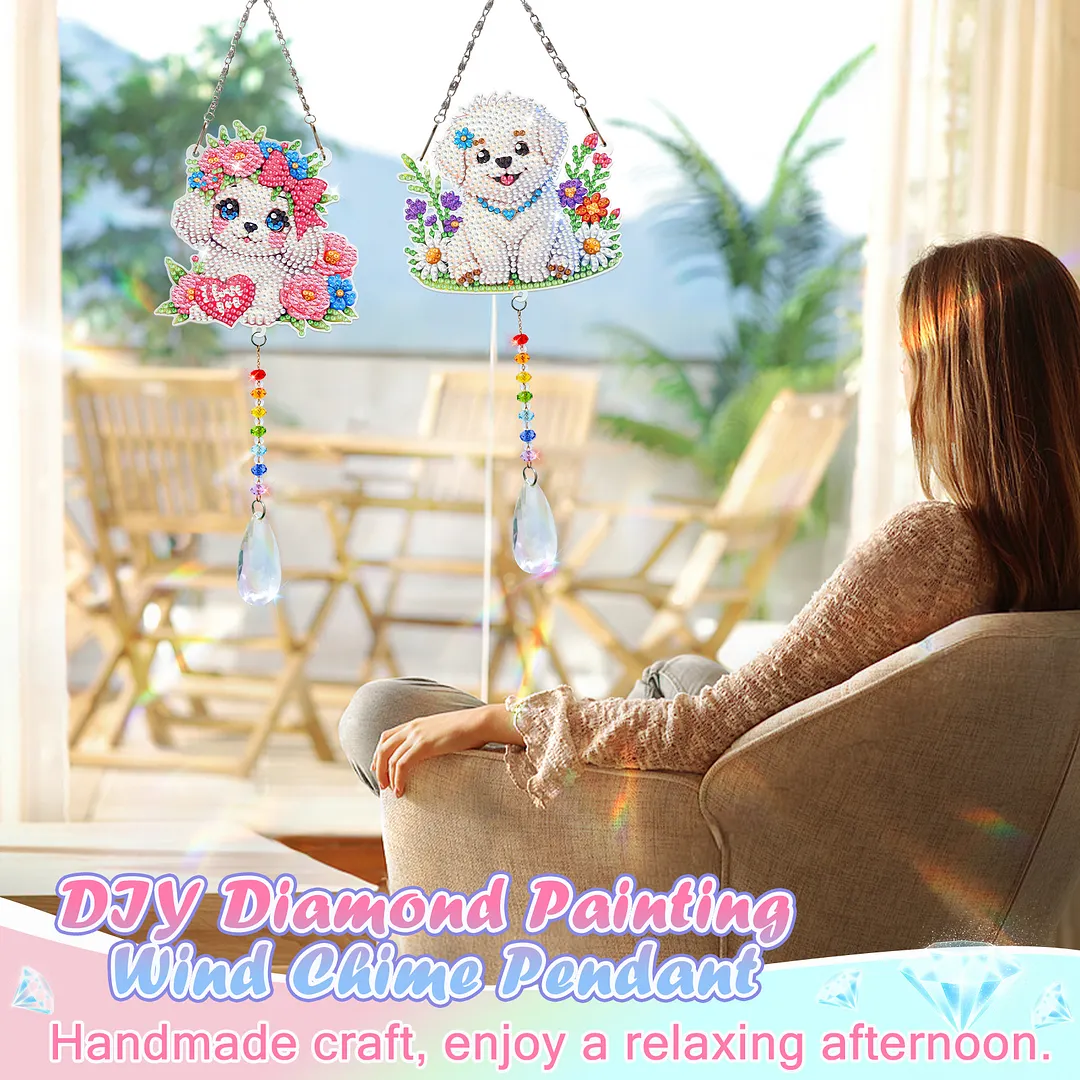 2Pcs Dog DIY Acrylic Diamond Painting Art Wind Chimes with Crystal Pendant Diamond Art Hanging Pendant Double-Sided for Adults Beginners Gift Home Garden Decor
