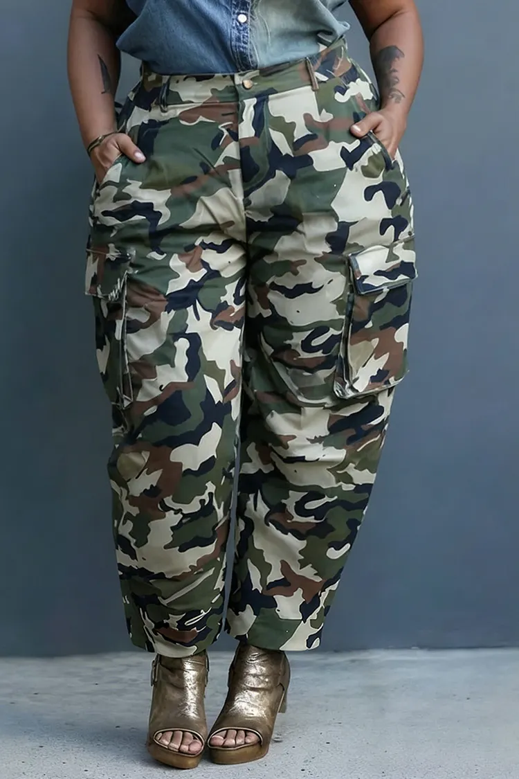 Xpluswear Design Plus Size Daily Army Green Camo Cargo Casual Pocket Pants 2024 - Xpluswear