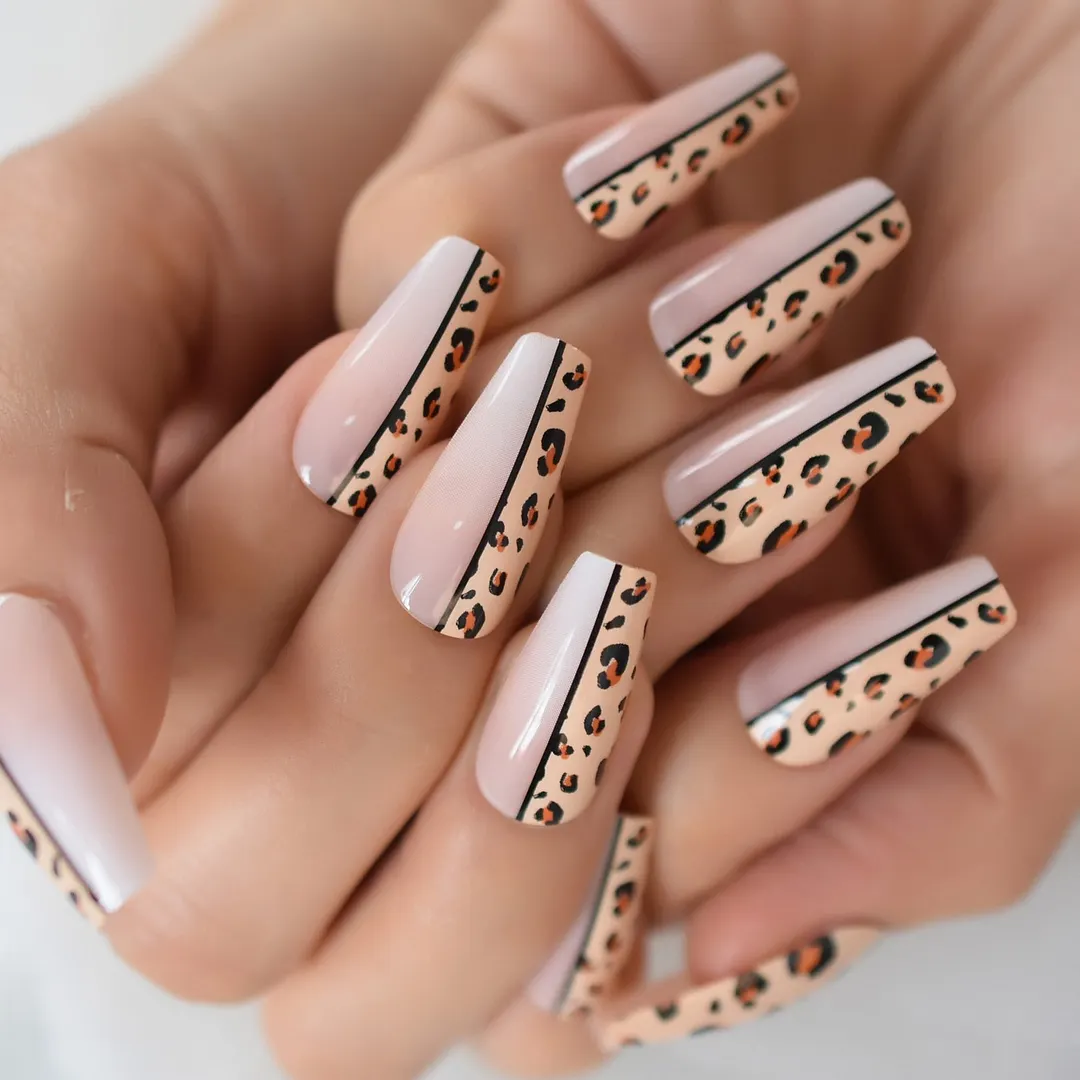 Long Coffin False Press On Nails Pink Black White Abstract Swirl Fake Nails Ballerina Full Cover Gel Glossy Acrylic Nail Tips-Nail Inspo