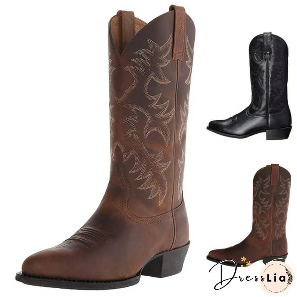 Mens Vintage Leather Mid Calf Boots Pointed Toe Western Cowboy Boots Man Retro Knee High Talll Boots Riding Boots Big Size 38-48 Botas