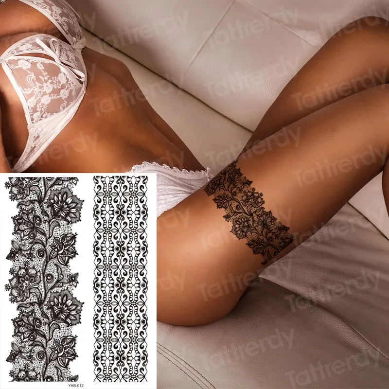 stockings tattoo legs black henna lace legging tatoo thigh hand rose flower jewelry stickers indian arabic water body decal