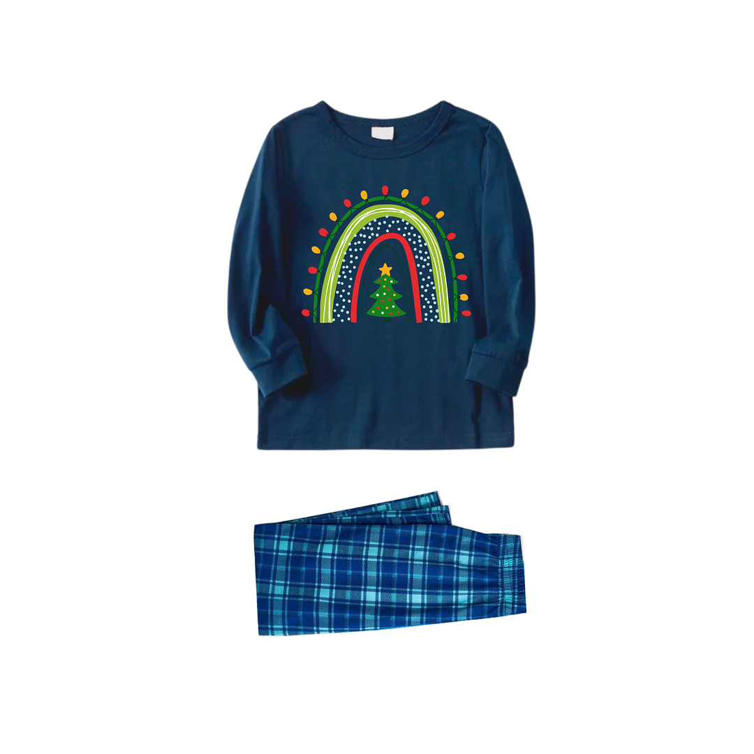 Christmas Light and Tree Printed Blue Long Sleeve Top With Blue Plaid Family Matching Pajamas