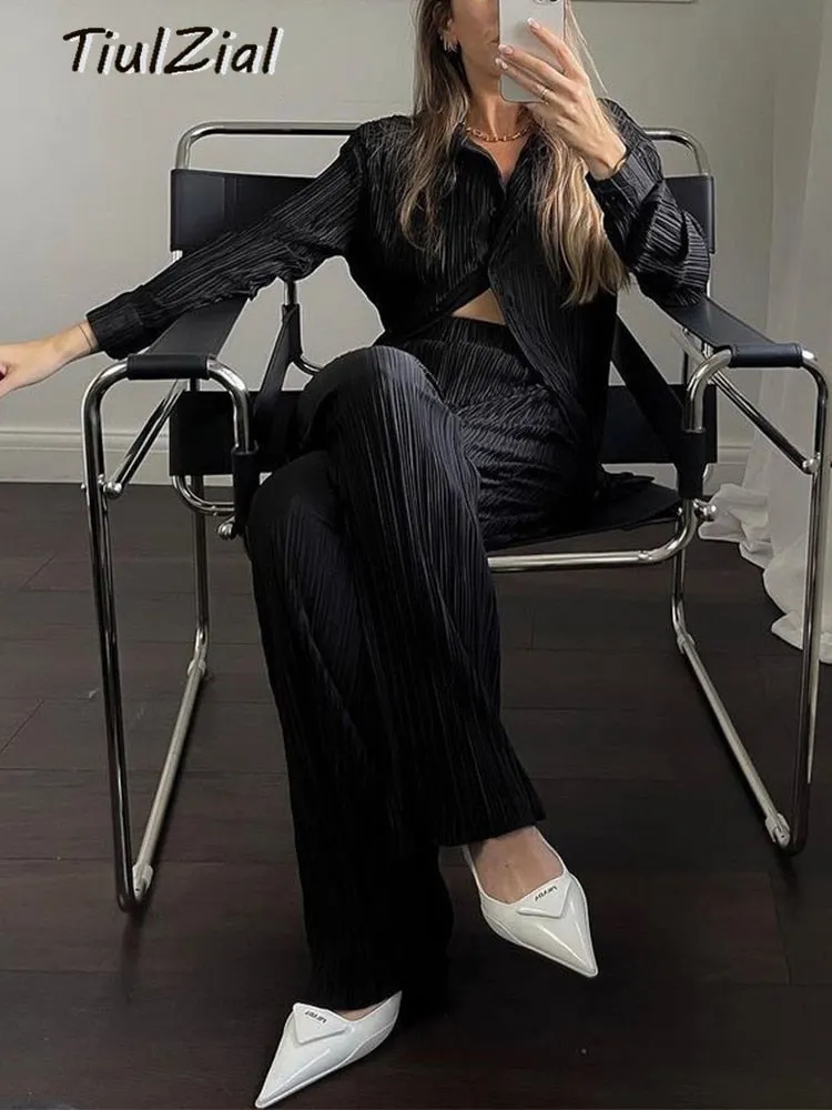 Pleated Y2K High Waist Straight Pants Women Summer Long Trousers Wide Leg Capris Pant Bottom Green Plisse