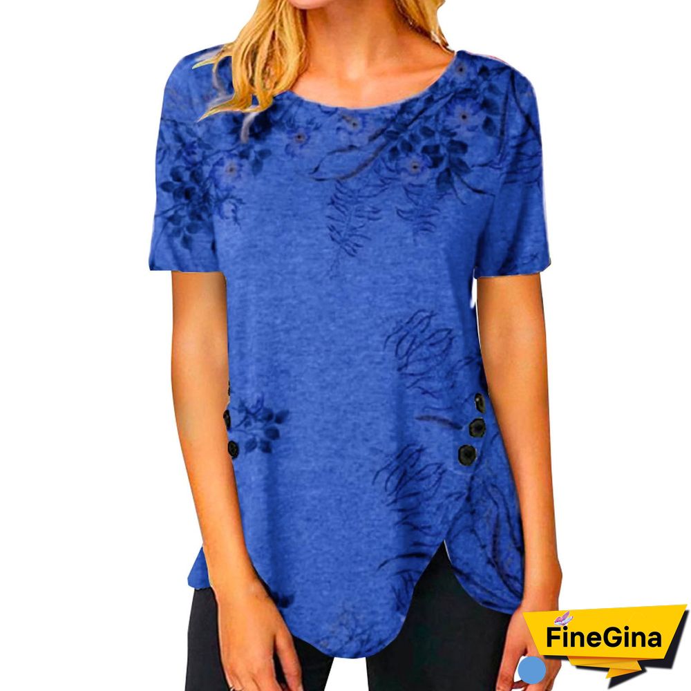 Crew Neck Plant Print Side Split Button Tee