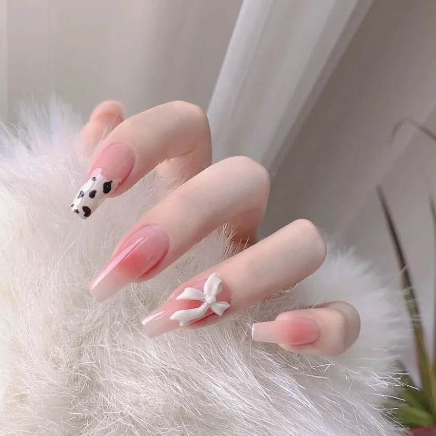 24pcs Jelly Burgundy Color Coffin Press On Nail tips With Bow Love Heart Print Full Cover Fake Nails  Wearable Nail Art Tips-Nail Inspo