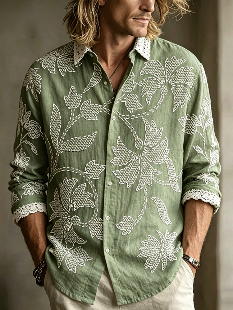 Comstylish Men's Retro Plant Flower Embroidery Pattern Design Casual Linen Shirt