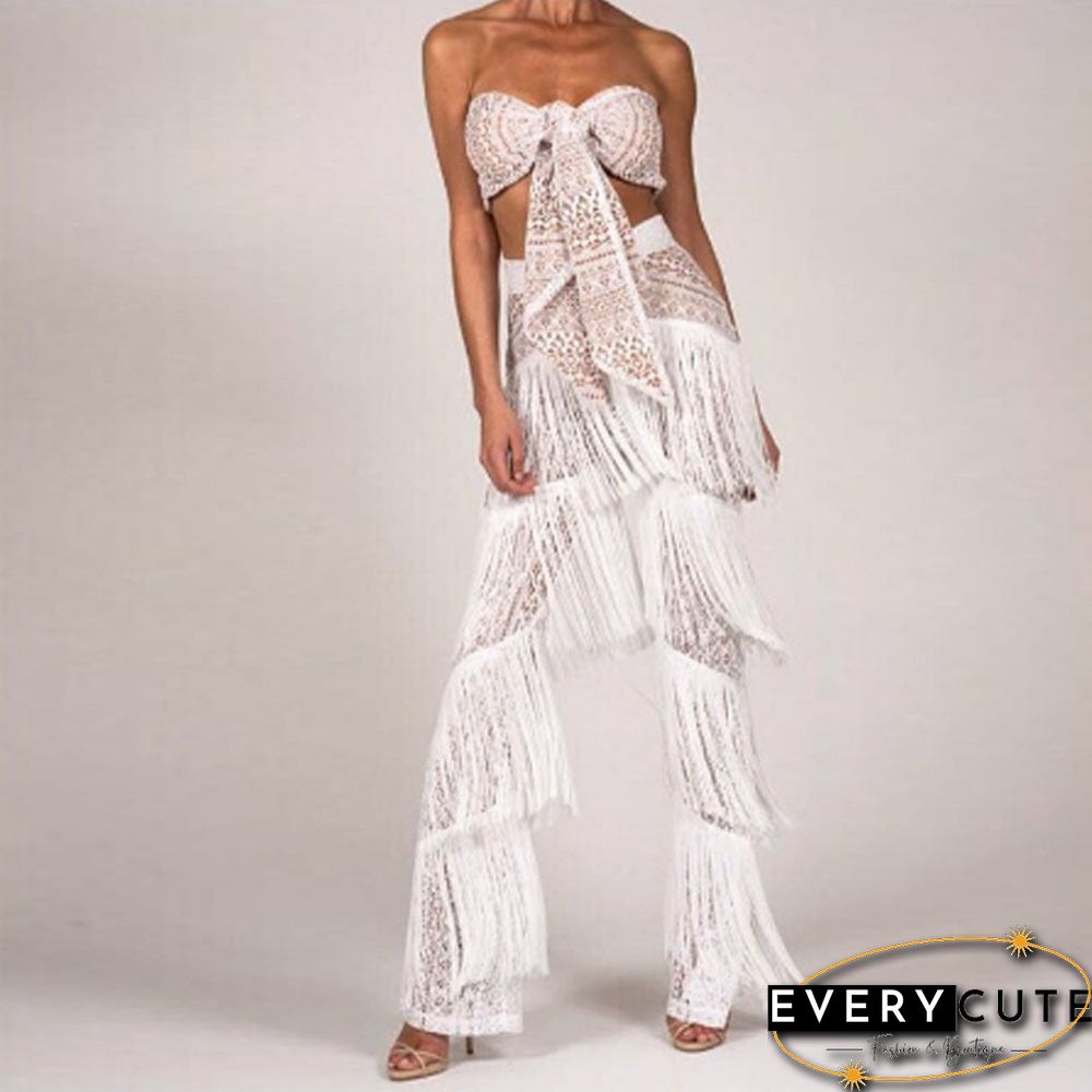 Front Tie Lace Bandeau Top & Flared Tassel Pants