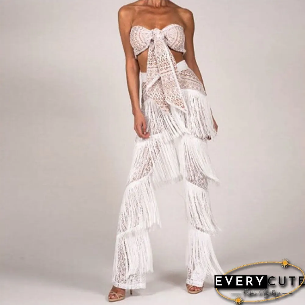 Front Tie Lace Bandeau Top & Flared Tassel Pants