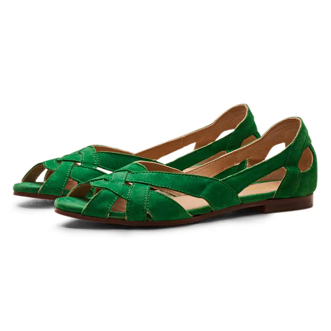 Green Vegan Suede Peep Toe Woven Details Sandal Flat Shoes Women