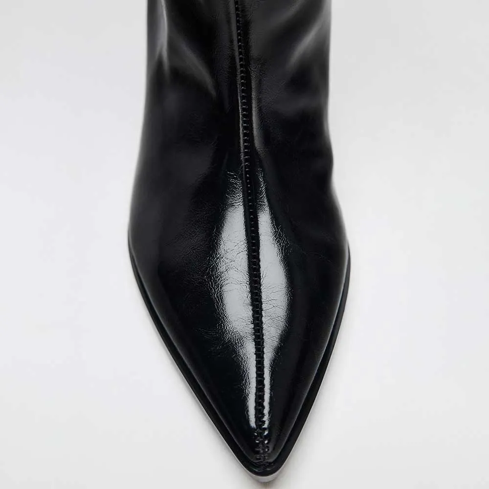 Black Kitten Heel Pointed Toe Pull-On Wide Leg Knee High Boots
