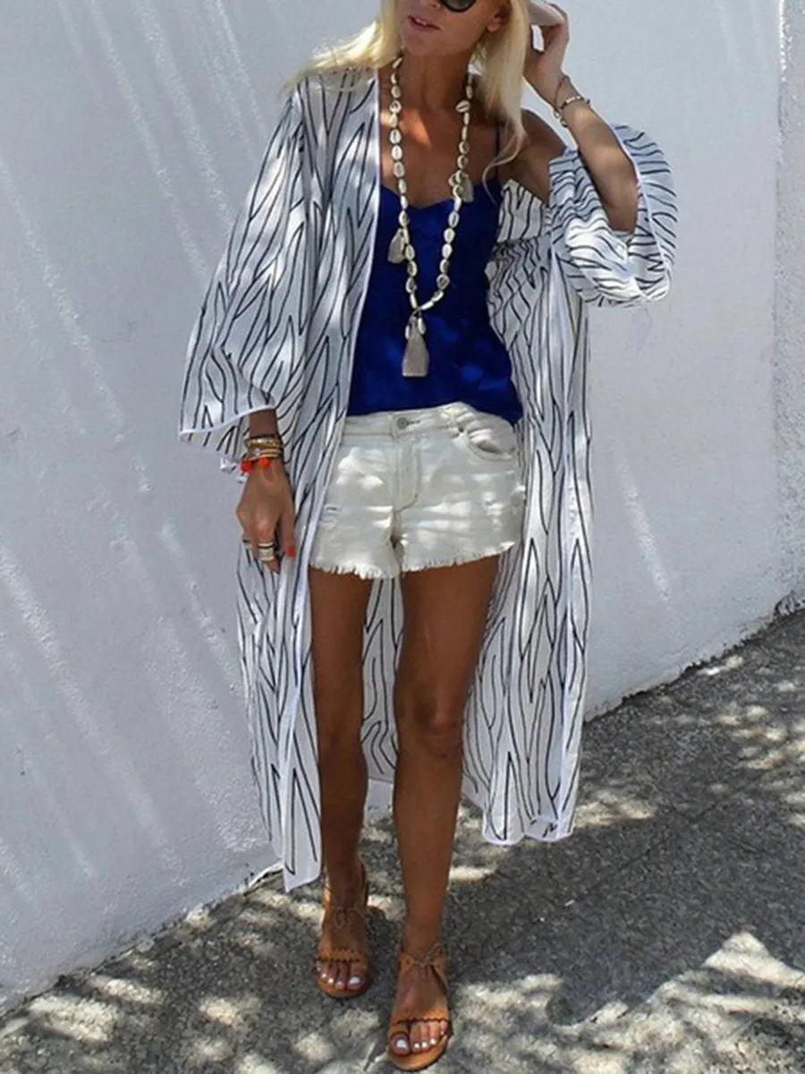 Striped Collarless 3/4 Sleeves Striped Long Cardigan