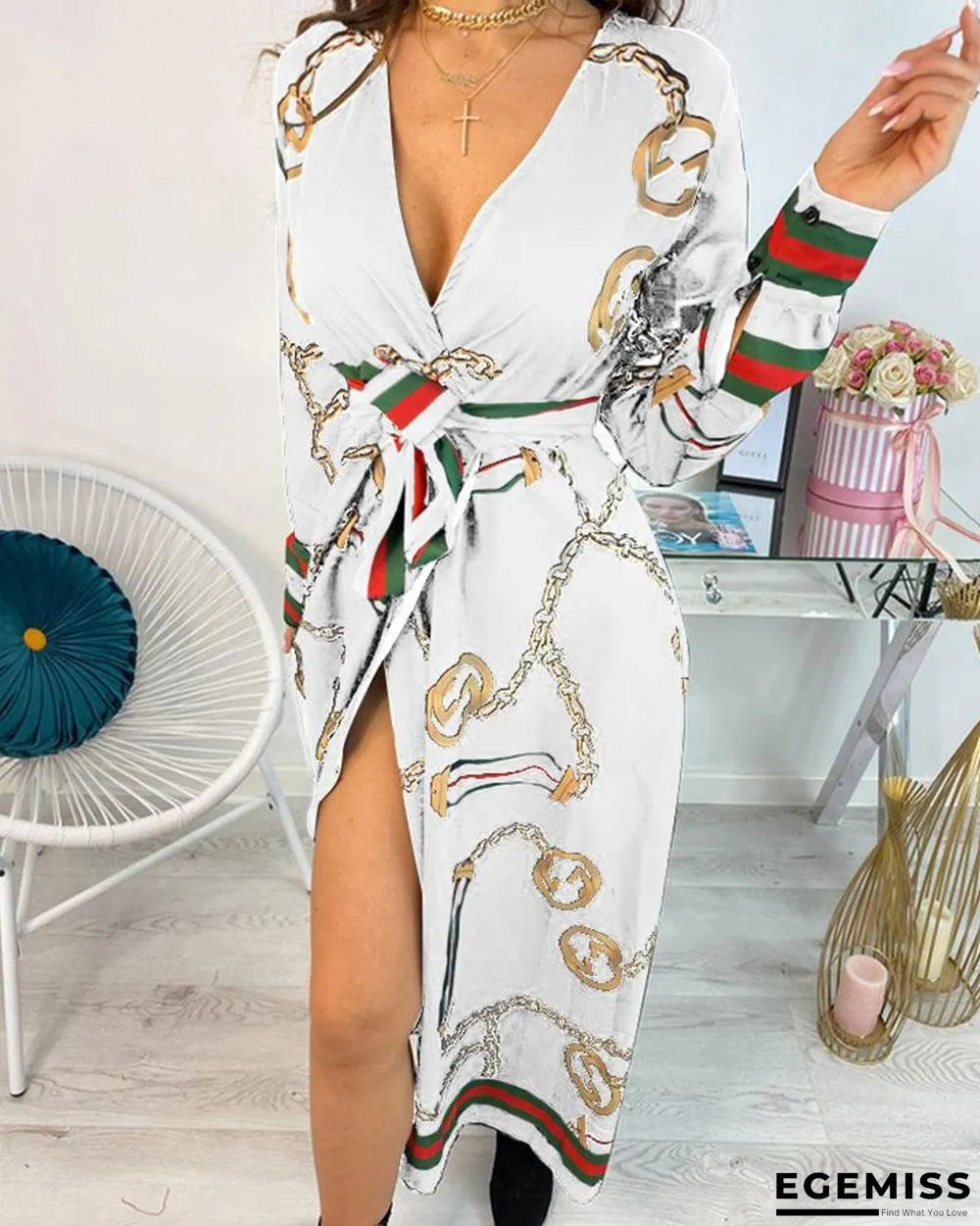Long Sleeve Chain Baroque Print Dress Black Dresses | EGEMISS