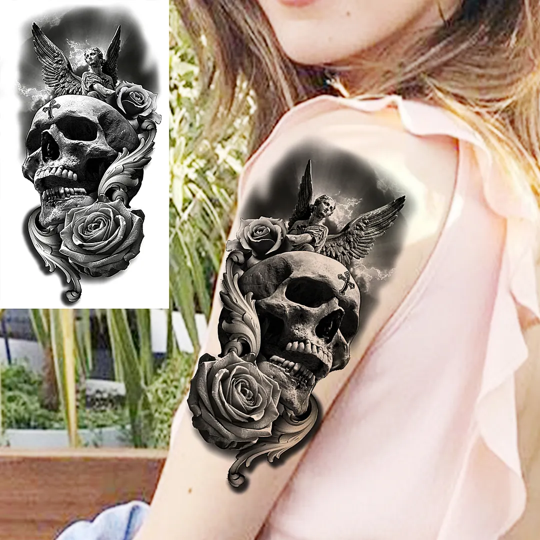 Sdrawing Skull Halloween Skeleton Temporary Tattoo For Men Adults Realistic Lion Tiger Wolf Scary Fake Tattoo Sticker Forearm Tatoo