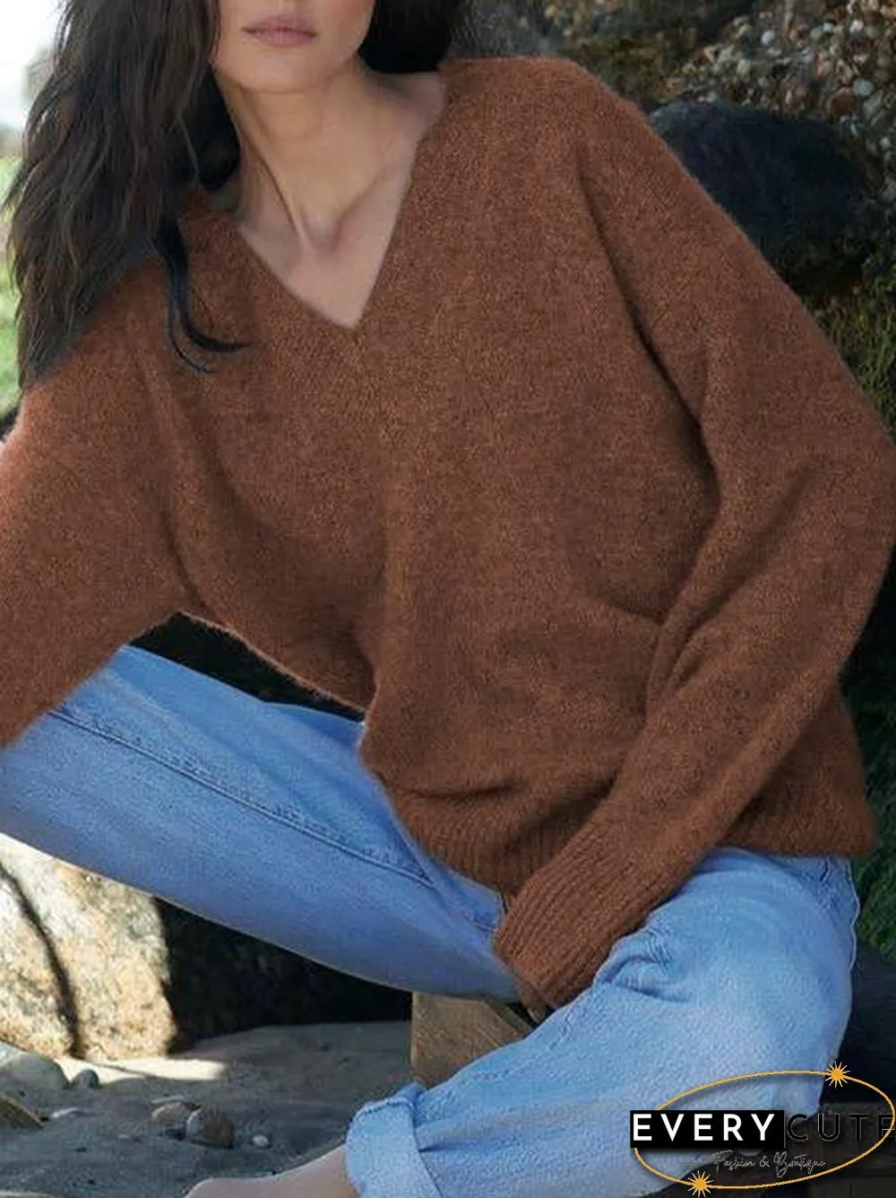 Shift Casual V Neck Solid Sweater