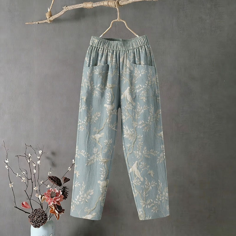 Comstylish Casual Floral Embroidered Comfortable Linen Pants