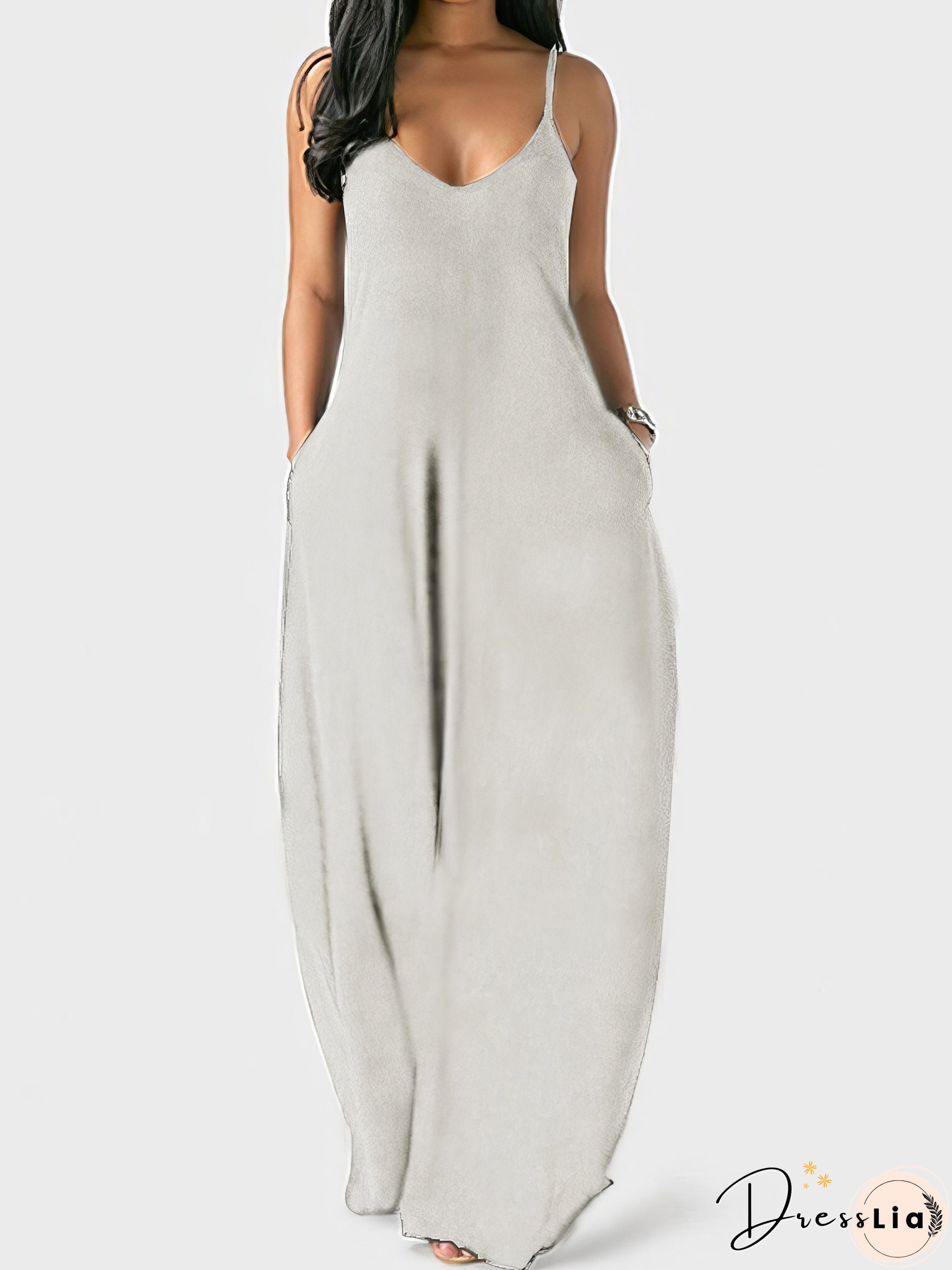 V-neck Solid Pocket Casual Sling Dress