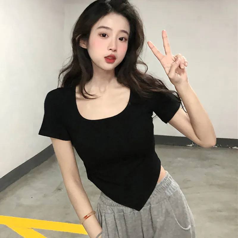 Uveng Uveng Girl Square Collar Short Sleeve Women's Summer 2024 New Thin Slim Casual Top Irregular Trendy Ins Girls T-Shirt