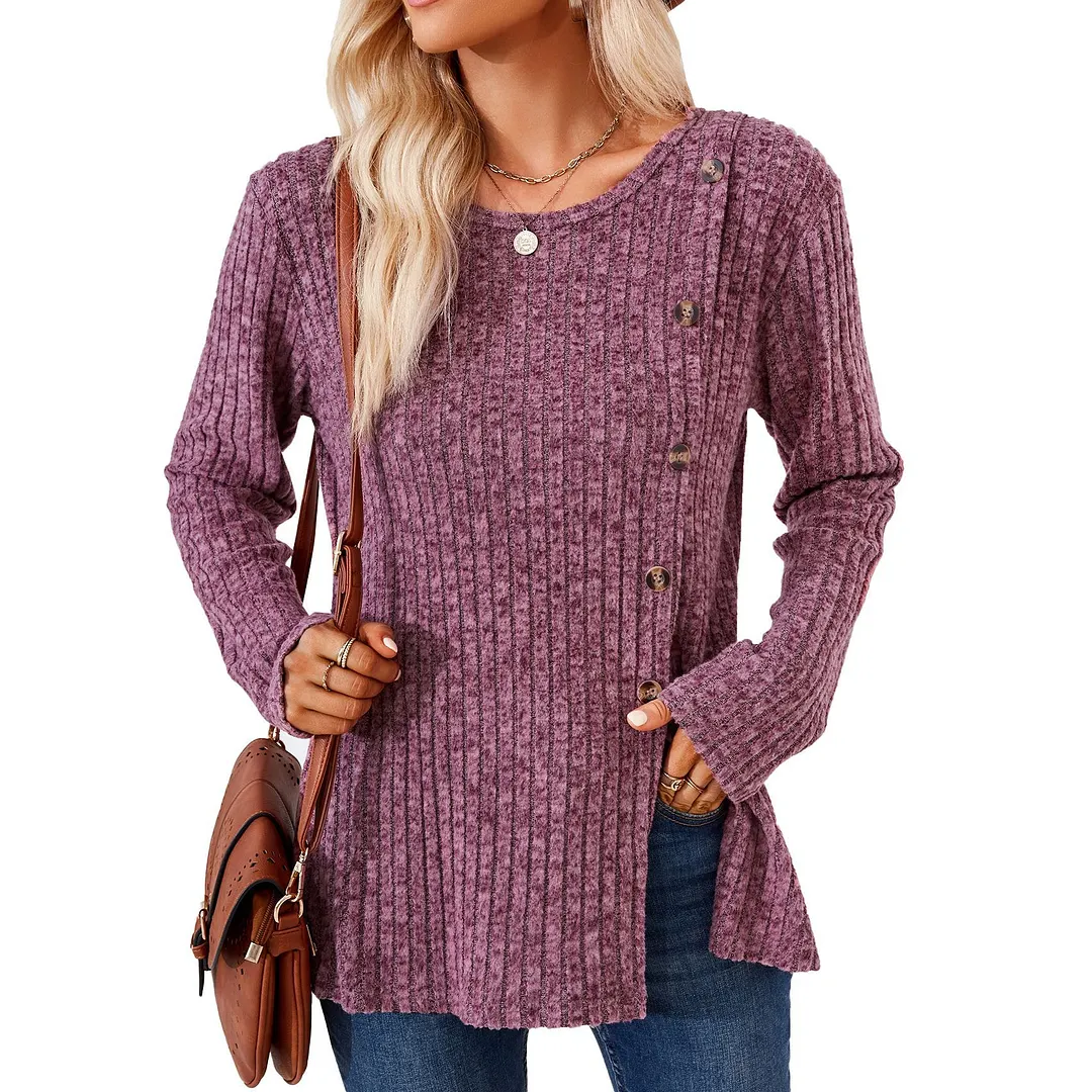 Churchf Churchf New Round Collar Solid Color Splicing Button Long Sleeve Loose T Shirt Women