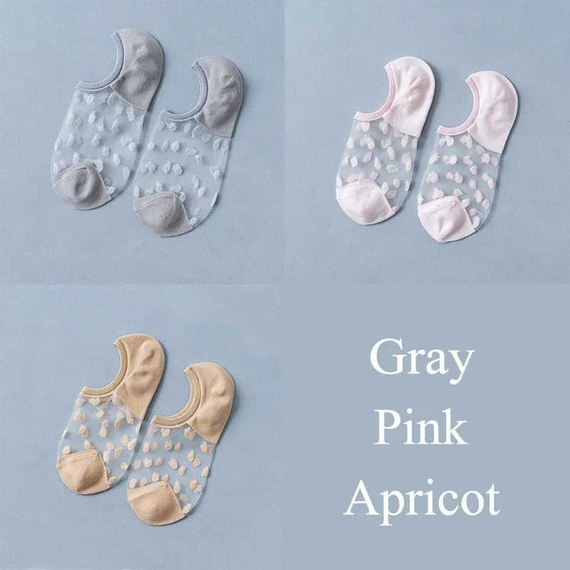 3 Pairs/Set Crystal Lace Socks Summer Women Transparent Lace Silk Flower Girls Elastic Invisible Short Boat Socks Female Sox