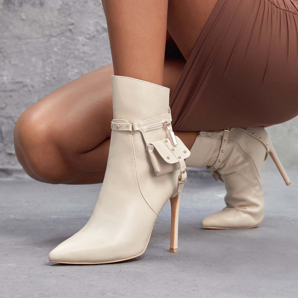 Stylish Ivory Pointed Toe Pocket Studded Stiletto Heel Ankle Boots Nicepairs
