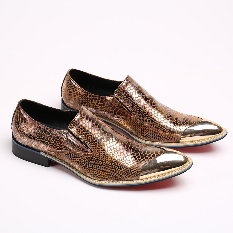 GOOSHOE Men Dress Shoes Leather Gentleman Suit Shoes Metal Tip Gold Shoes