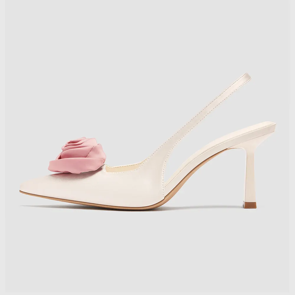 Elegant White Satin Rose Accent Pointed Toe Slingback Wedding Heels