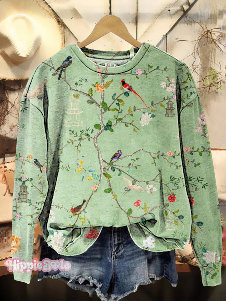 Vintage Floral Bird Print Casual Sweatshirt Multicolor / S
