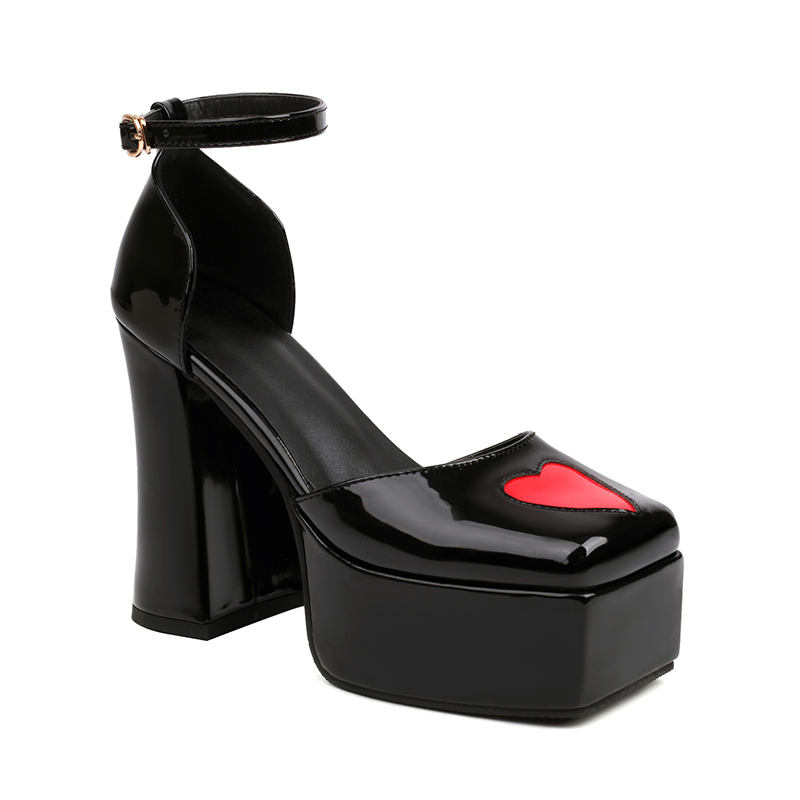 GOOSHOE Shiny Patent Leather Square Toe Thick Heel Heart Pattern Cute High Heel Sandals Platform Hollow Sandals
