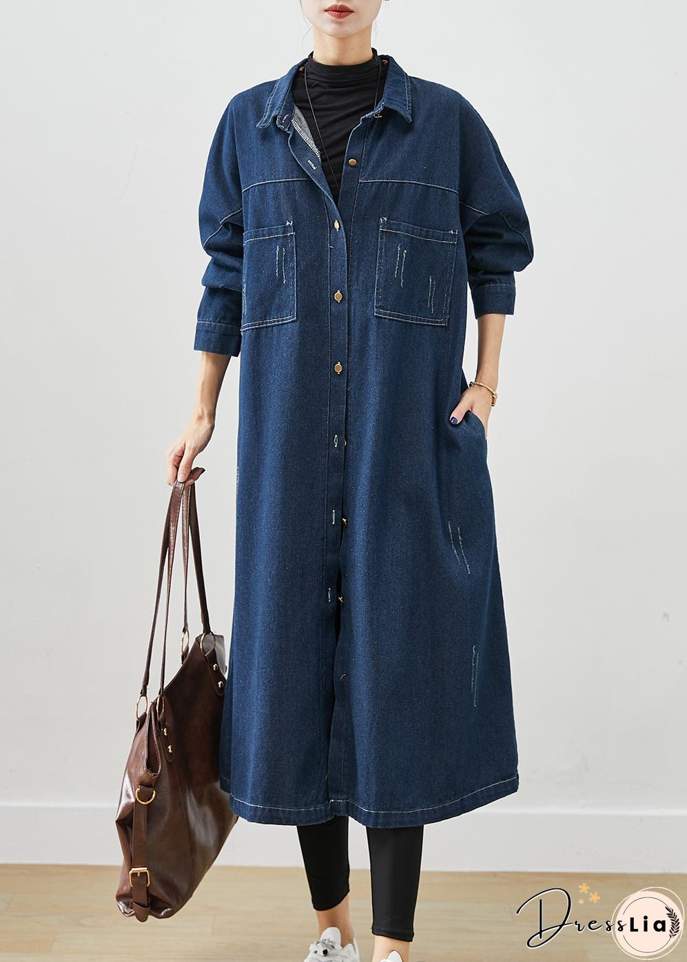 Navy Denim Trench Coats Oversized Pockets Fall
