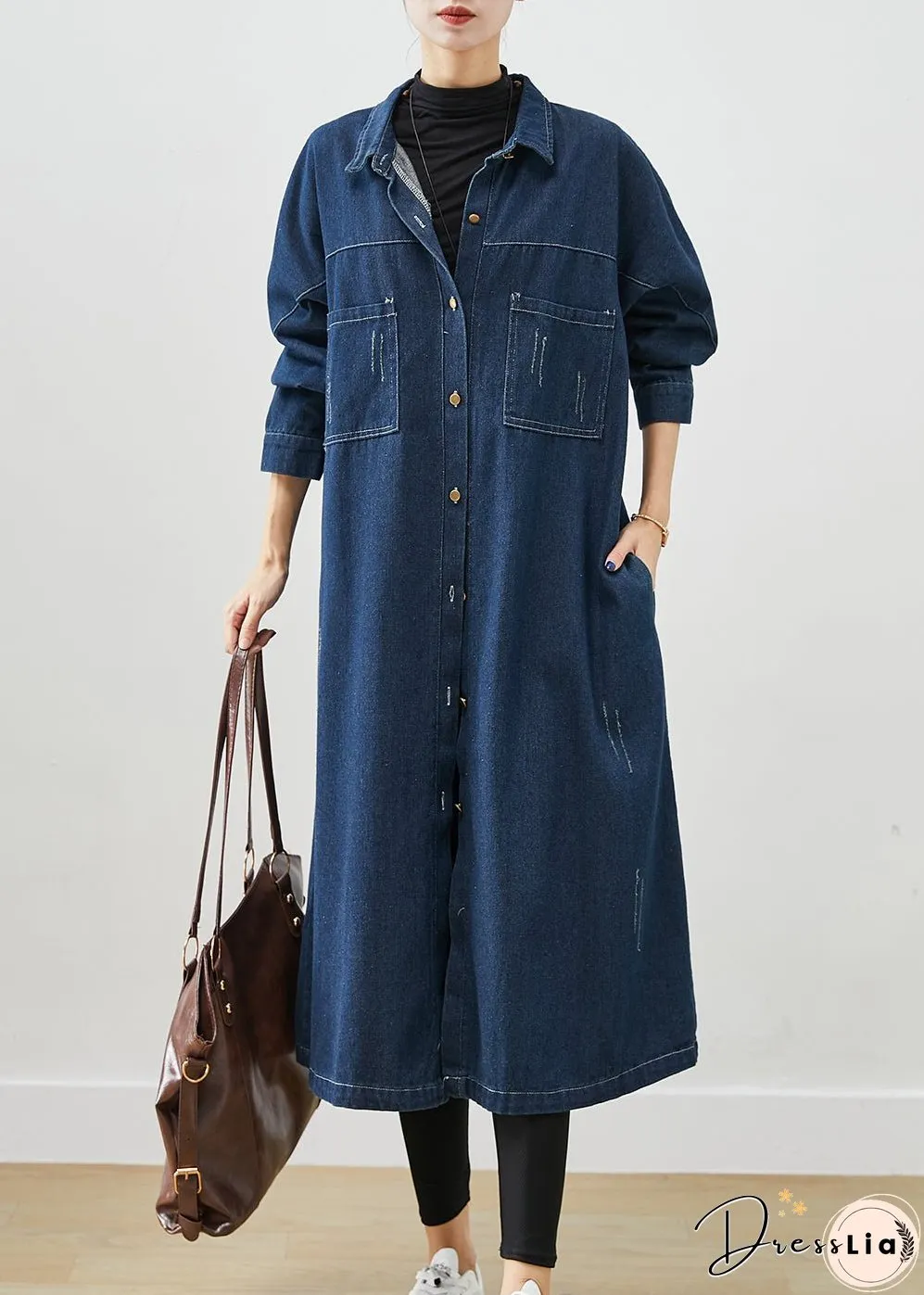 Navy Denim Trench Coats Oversized Pockets Fall