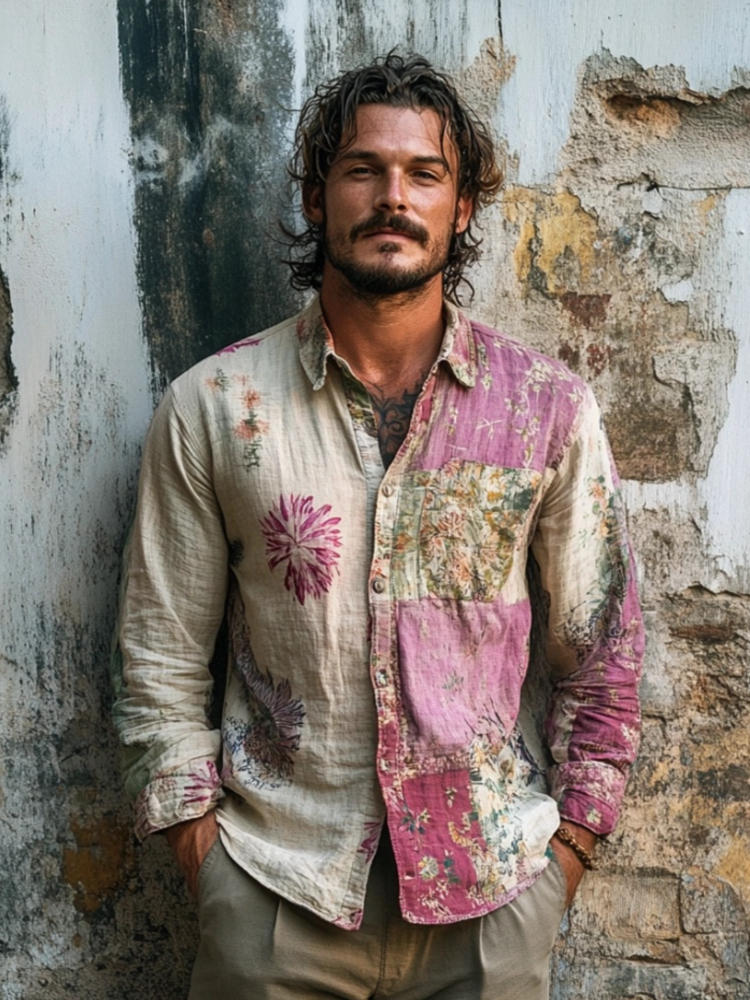 Boho Floral Art Vintage Men's Linen Shirt  artssus