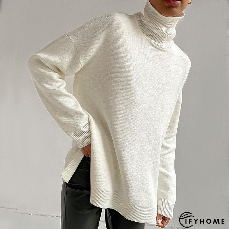 Versatile High Neck Loose Pullover Sweater with Split Detail for Women | IFYHOME
