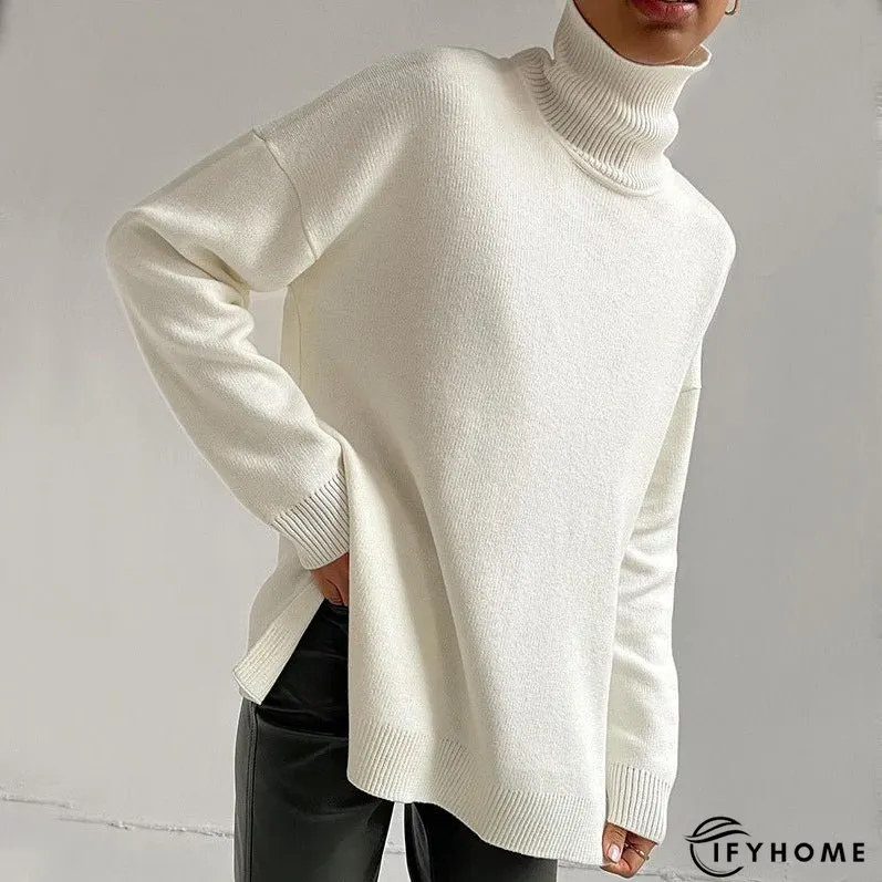 Versatile High Neck Loose Pullover Sweater with Split Detail for Women | IFYHOME