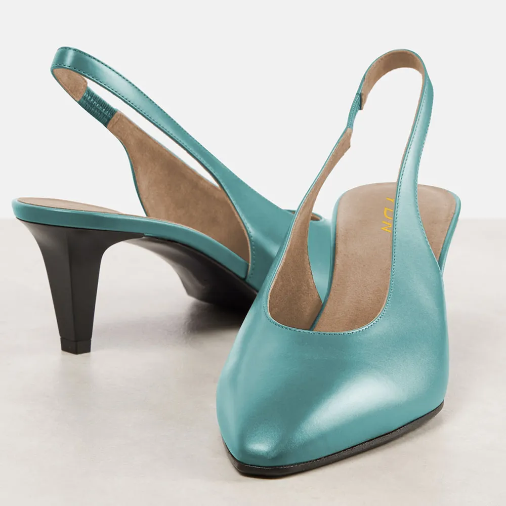 Women's Blue Vegan Leather Pointed Toe Simple Slingback Heels