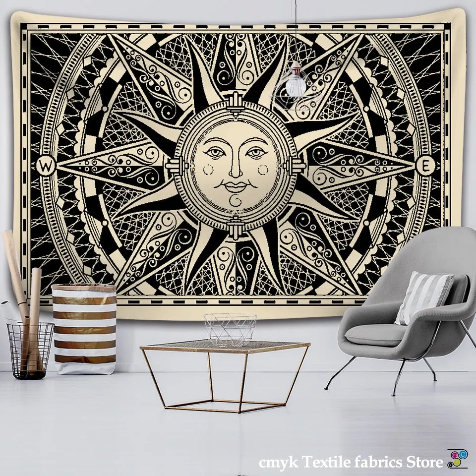 White Black Sun Moon Mandala Tapestry Wall Hanging Celestial Hippie Carpets Dorm Decor Psychedelic Witchcraft Halloween