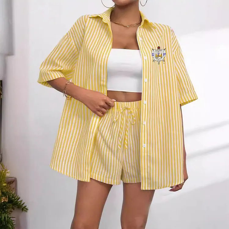 Striped Print Button-Down Shirt and Shorts Set
