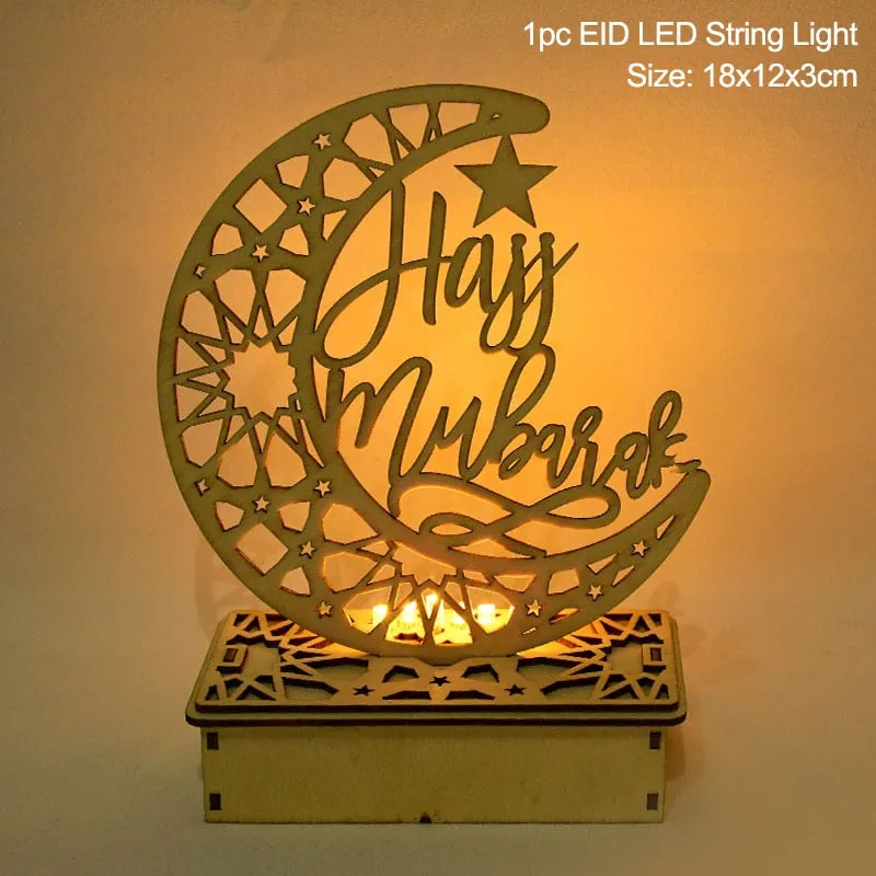 LED Eid Mubarak Wooden DIY Craft Ornament Pendant Islam Muslim Party Home Decoration Al Adha Ramadan Kareem Event Party Supplies