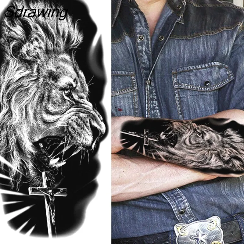 Sdrawing Tiger Temporary Tattoos For Men Women Kids Lion Skull Cross Tattoo Sticker Black Compass Skeleton Tatoos Leg Thigh 328-0