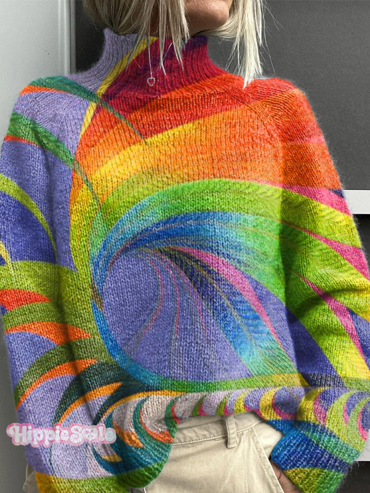 Colorful Collage Print Knit Turtleneck Pullover Sweater Multicolor / S