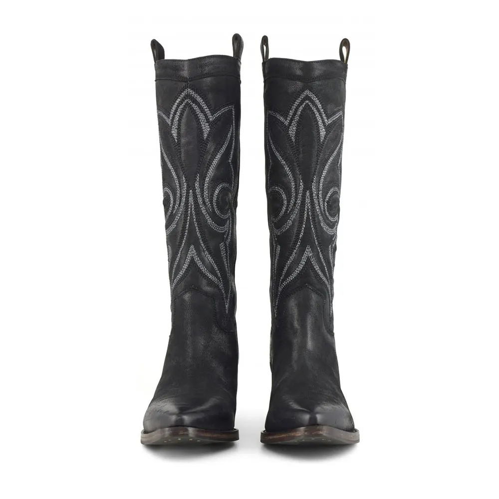 Retro Snip Toe Embroidered Pull On Mid Calf Black Cowgirl Boots