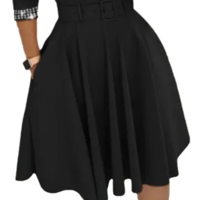 Uveng Uveng Autumn / Winter Temperament Elegant Closed Waist Hot Diamond In The Long Sleeve Solid Color Big Swing V-Neck Dress With A Belt