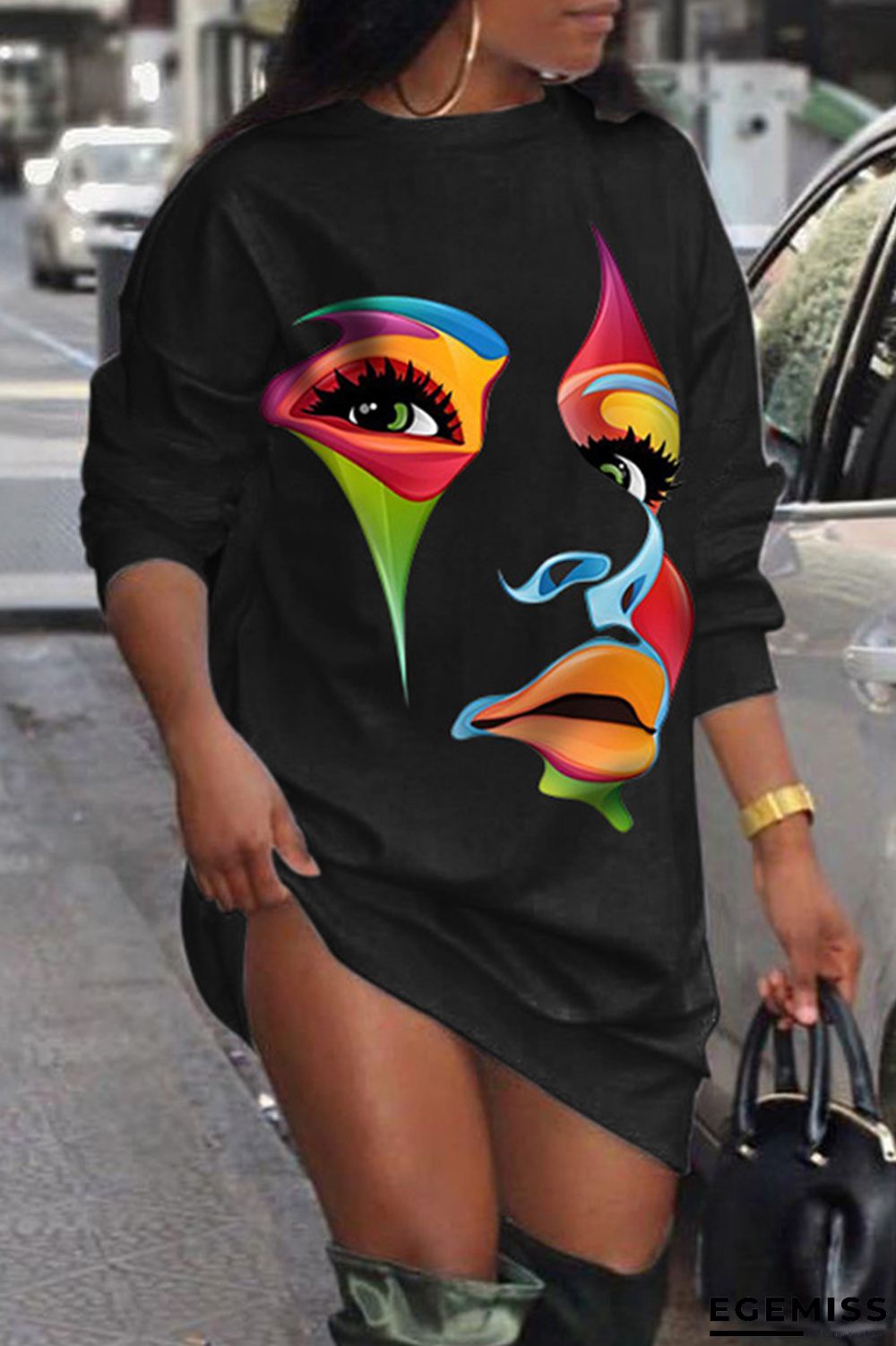 Black Casual Daily Print Patchwork O Neck Long Sleeve Dresses | EGEMISS
